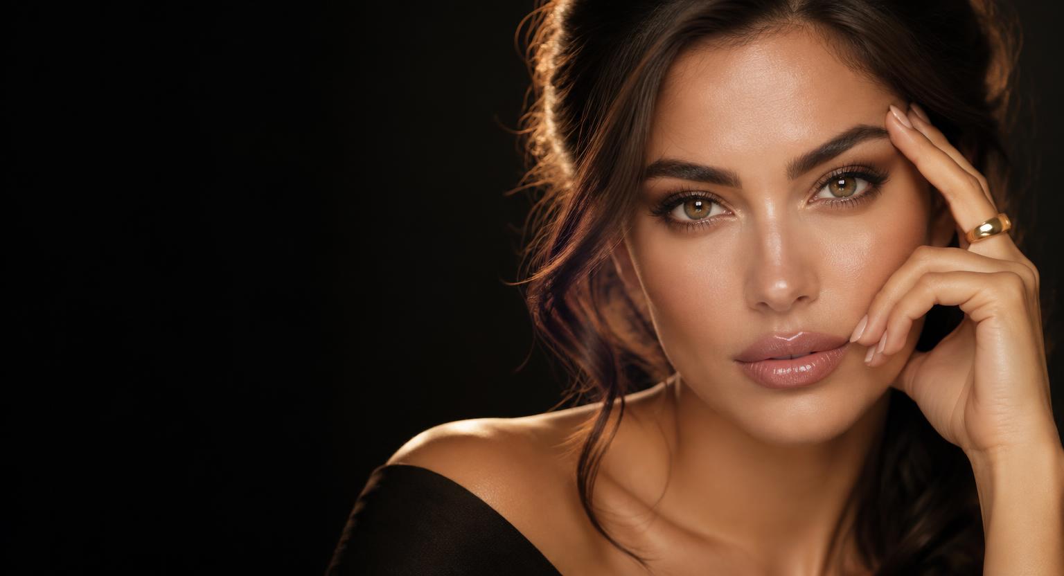 Mulher com maquiagem elegante e sobrancelhas perfeitamente desenhadas